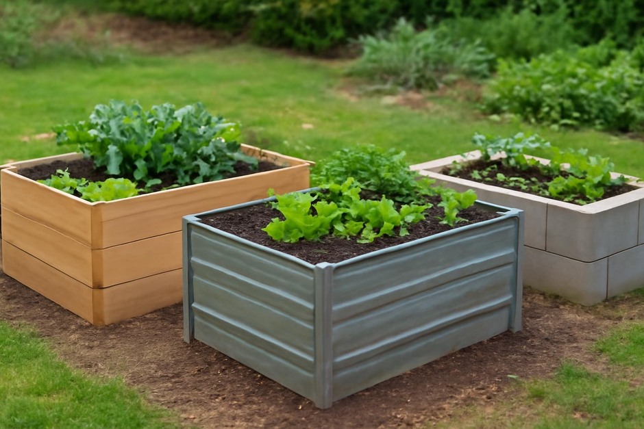 Three raised garden beds made of wood, metal, and concrete blocks