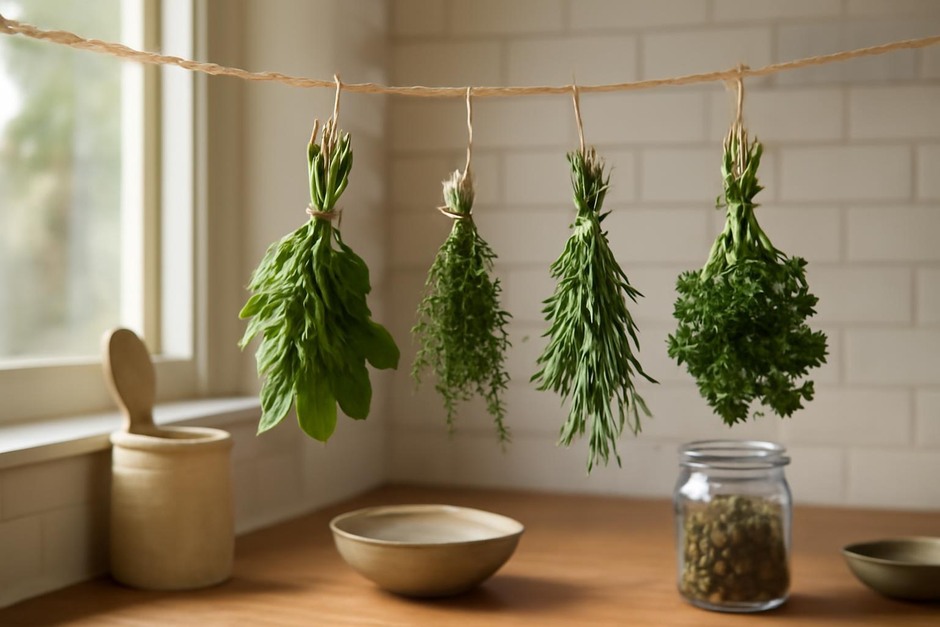 Bundles of fresh herbs drying in a sunny kitchen