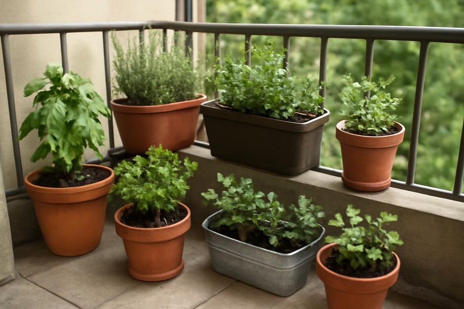 A small balcony with potted herbs and planters arranged along the railing